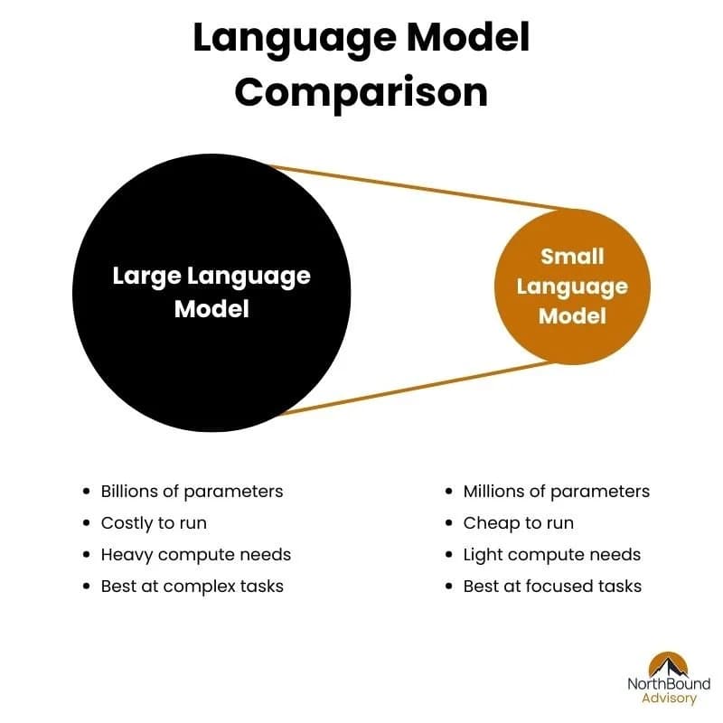 Diagram comparing large and small language models on parameters, cost, and task fit