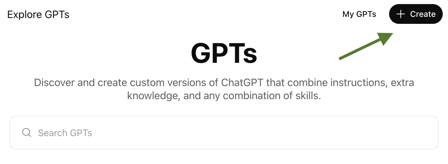 Explore GPTs page with an arrow pointing to the Create button