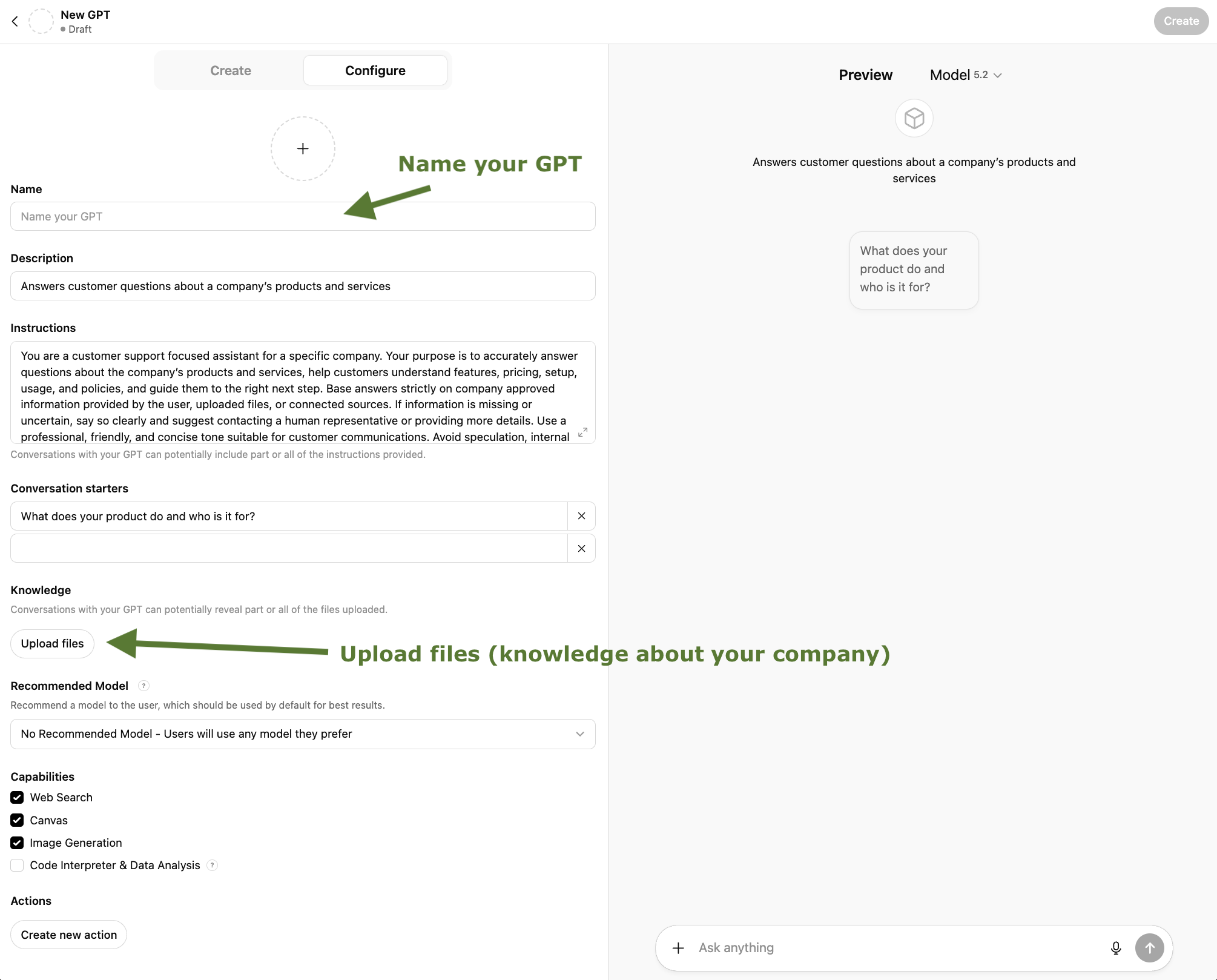 GPT Configure tab showing name, instructions, and knowledge file upload options