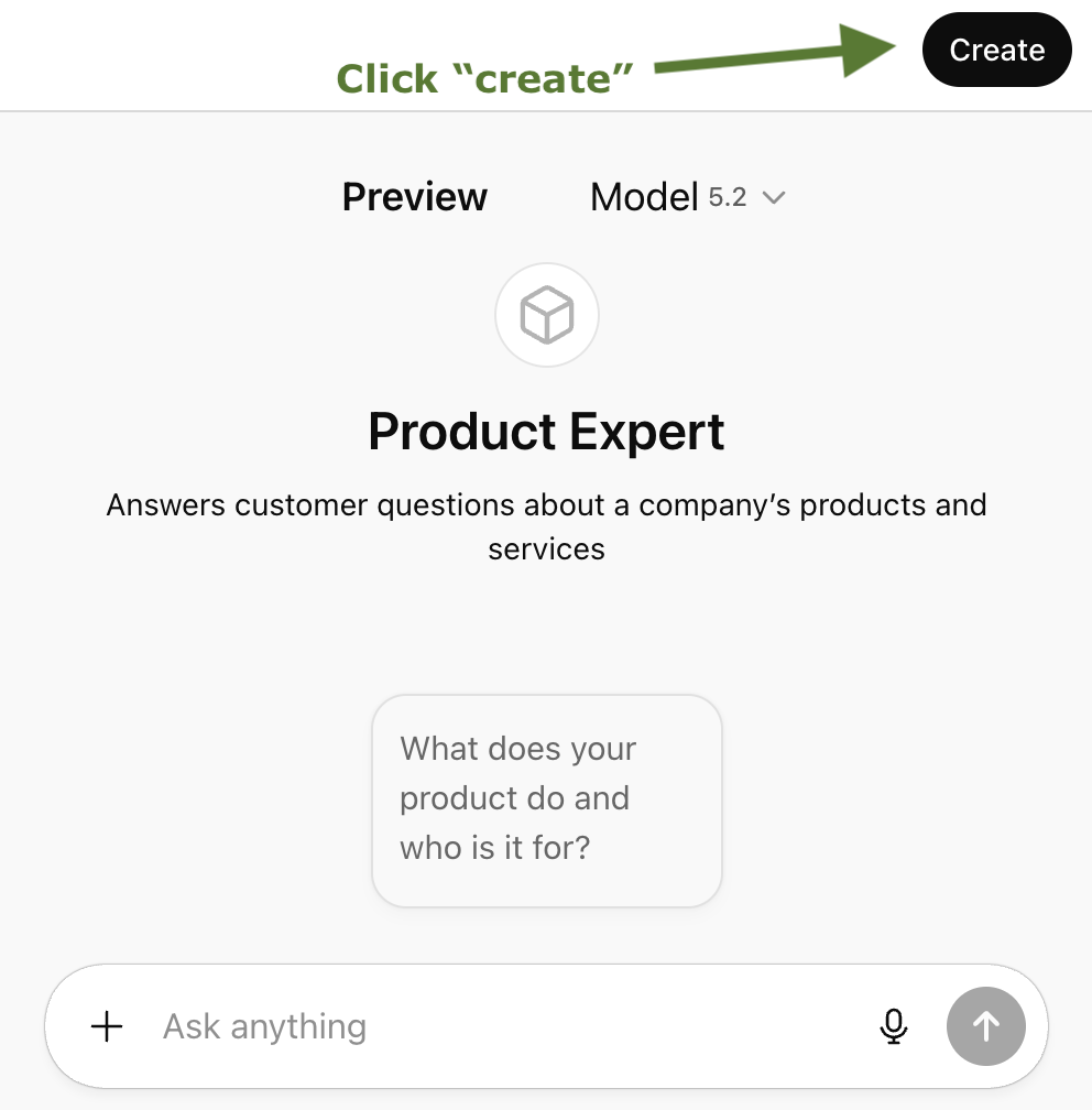 Product Expert GPT preview with an arrow pointing to the Create button
