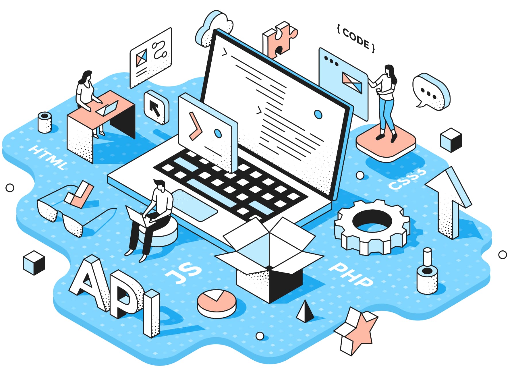 Isometric illustration of developers building a web application around a giant laptop