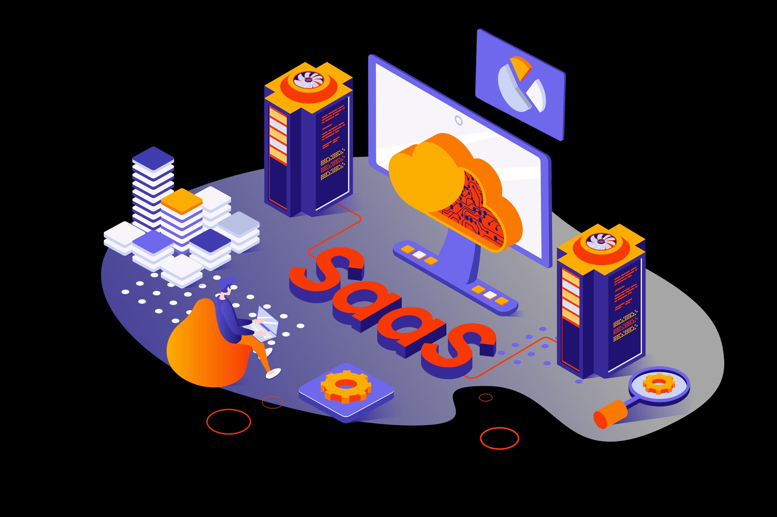Isometric SaaS illustration with cloud, servers, and a developer on a laptop